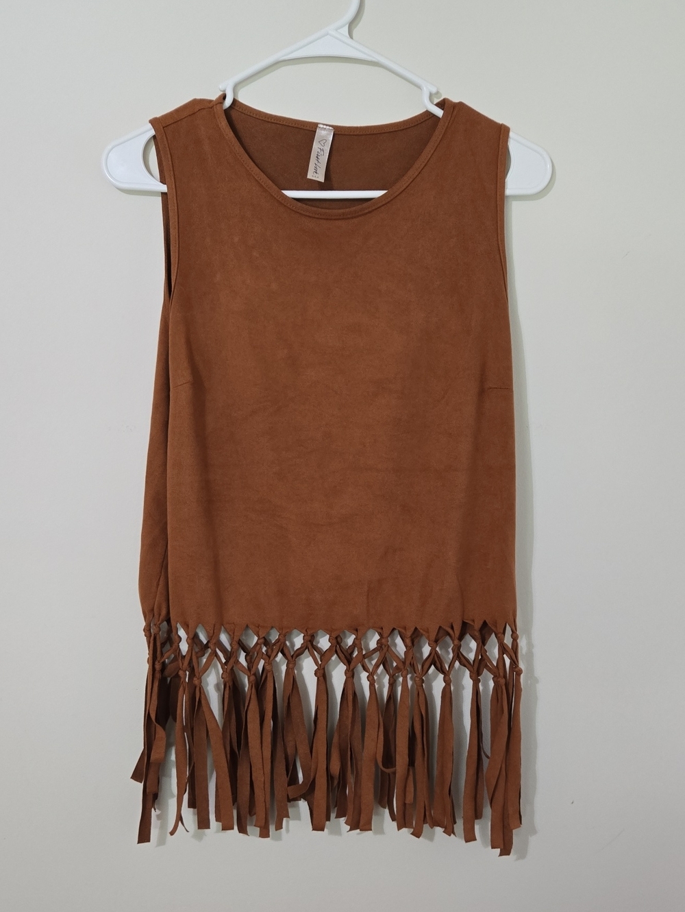 First Looks Brown Suede-Look Fringe Tank Top
